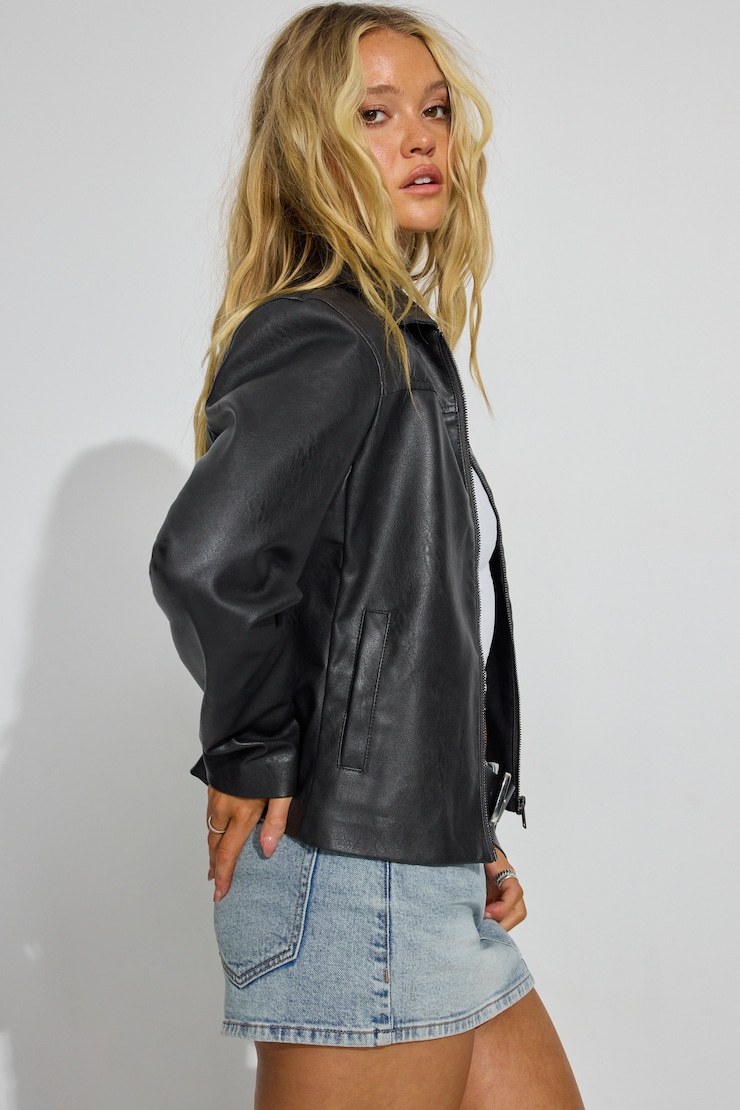 Faux Leather Worker Jacket Black - Image 2