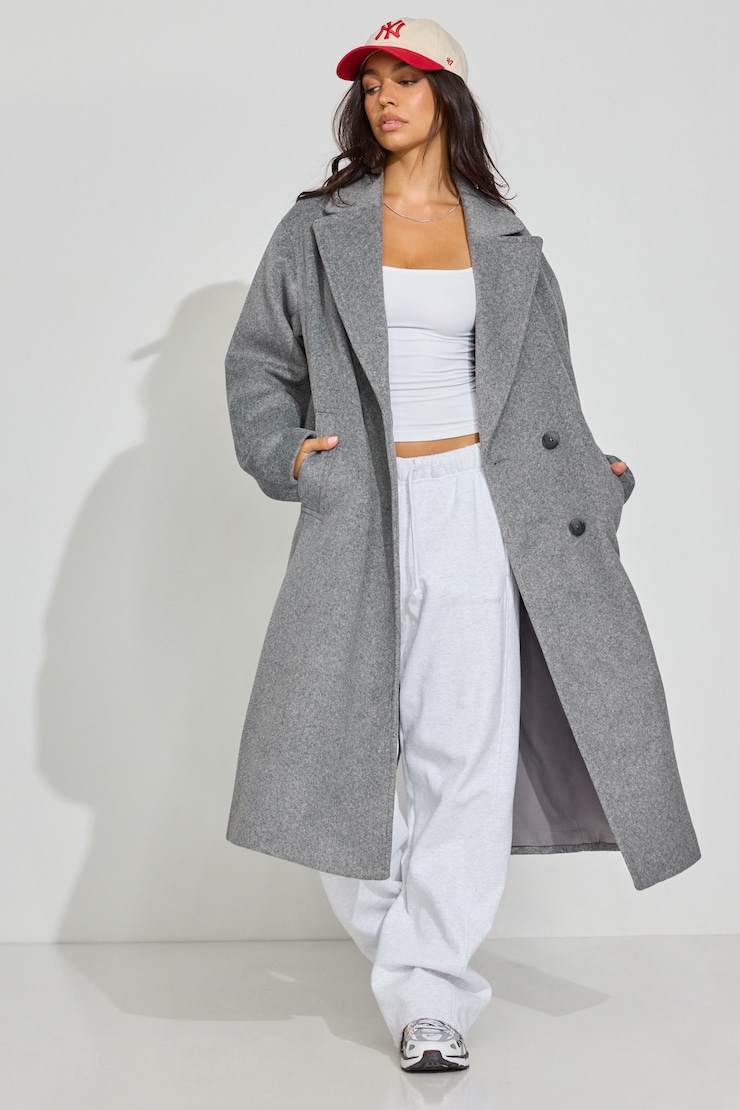 Oversized Long Felted Trench Coat Grey - Image 2