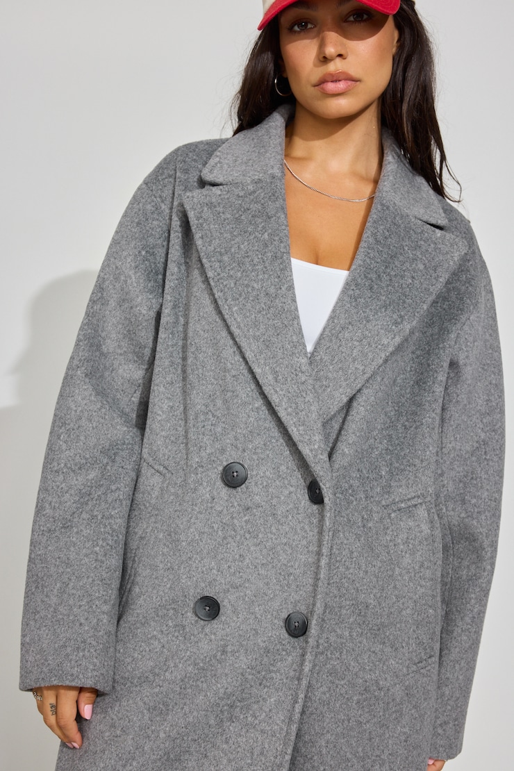 Oversized Long Felted Trench Coat Grey - Image 3