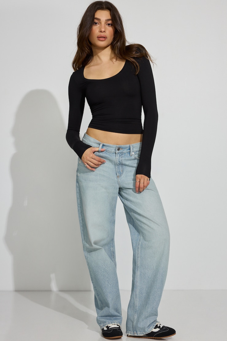 Smooth Scoop Neck Long Sleeve Top Black - Image 2