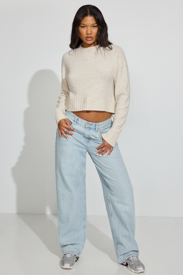 Long Sleeve Spongy Crewneck Sweater Beige - Image 2