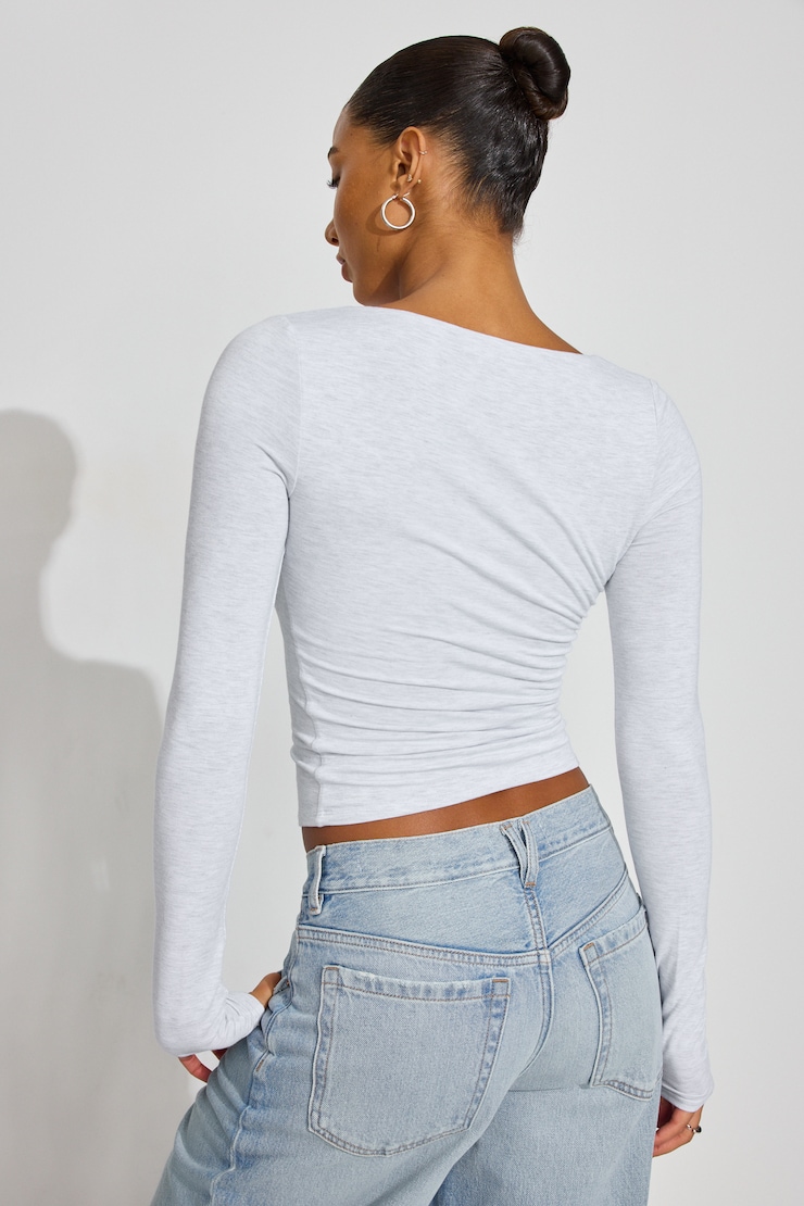 Smooth Open Neck Long Sleeve Tee Gray - Image 3