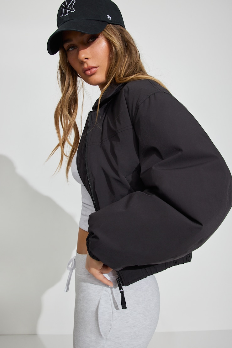 Cropped Nylon Bomber Jacket Black