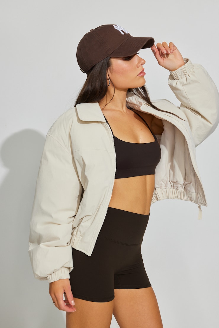 Cropped Nylon Bomber Jacket Beige - Image 2