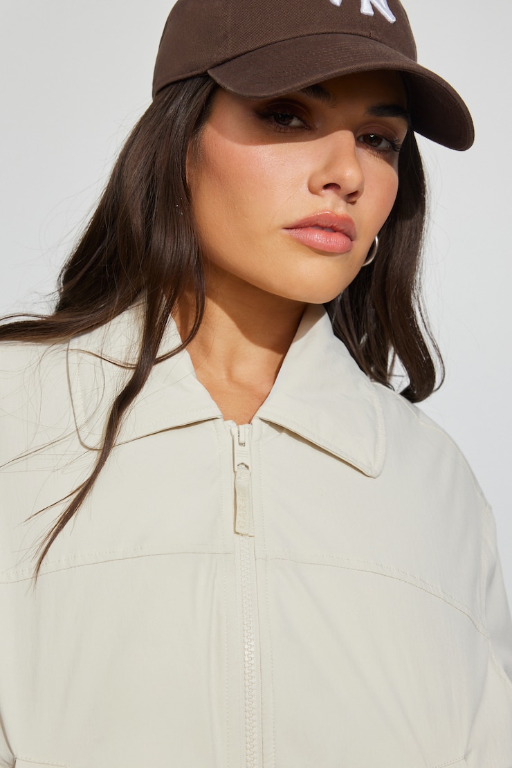 Cropped Nylon Bomber Jacket Beige - Image 3