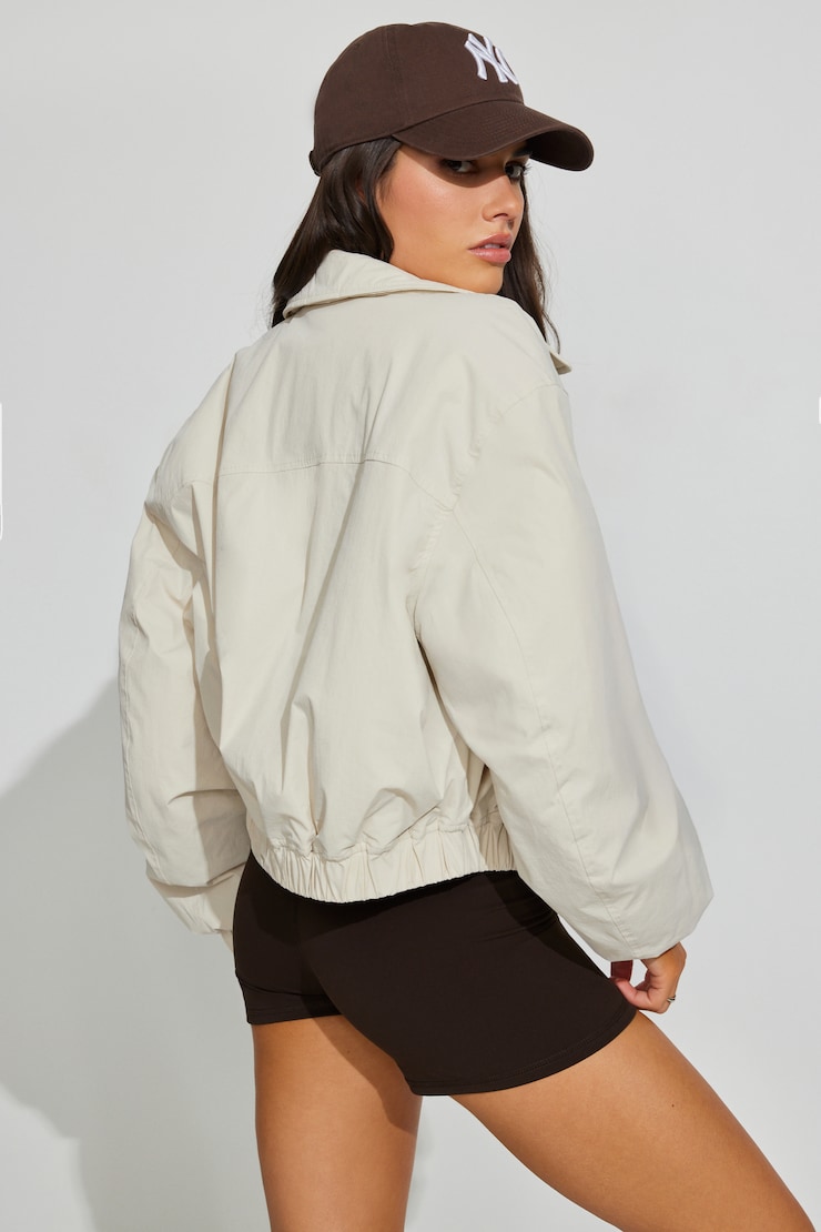 Cropped Nylon Bomber Jacket Beige - Image 4