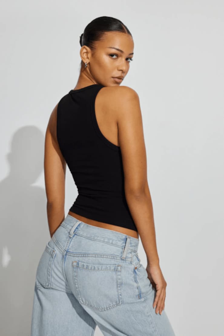High Neck Cotton Tank Top Black - Image 3
